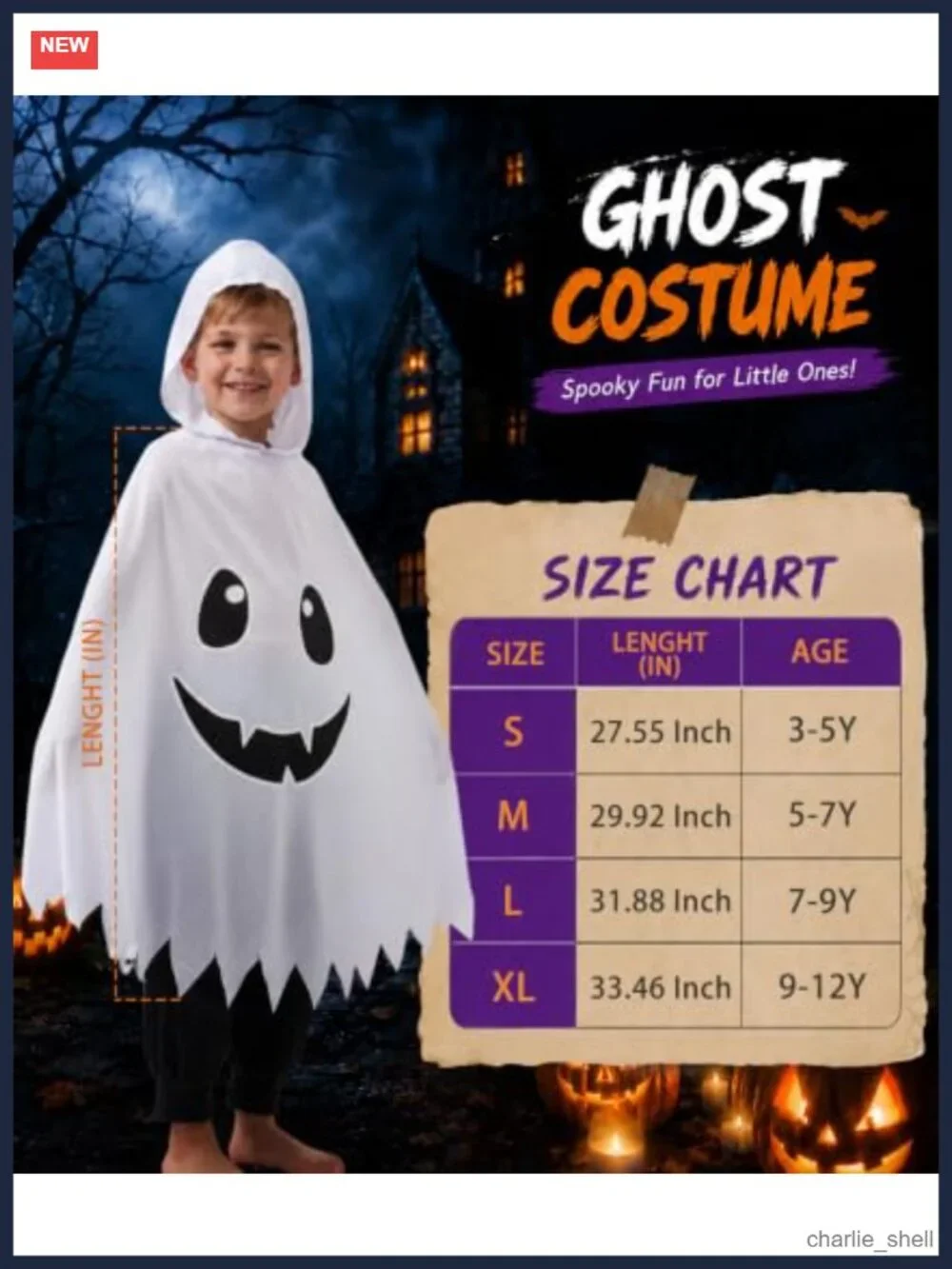 Kids Ghost Costume Hooded Cape Glow in the Dark Halloween Dress Up